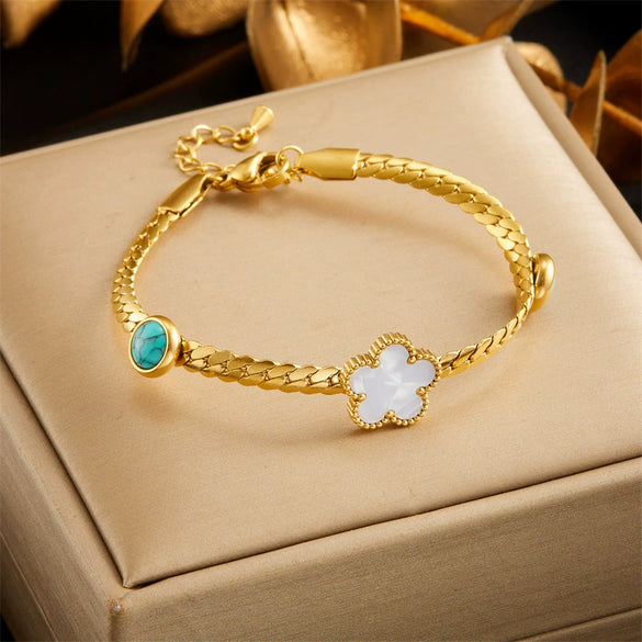 Stainless Steel Goldplated Braided Twist Chain Fanshaped Eightpointed Star Blue Turquoise Bracelet