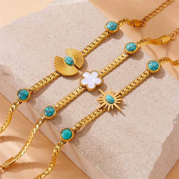 Stainless Steel Goldplated Braided Twist Chain Fanshaped Eightpointed Star Blue Turquoise Bracelet