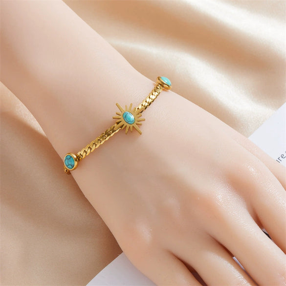 Stainless Steel Goldplated Braided Twist Chain Fanshaped Eightpointed Star Blue Turquoise Bracelet
