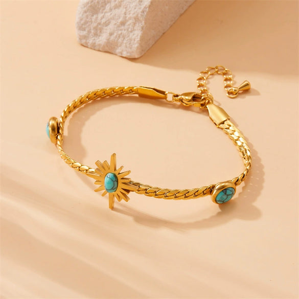 Stainless Steel Goldplated Braided Twist Chain Fanshaped Eightpointed Star Blue Turquoise Bracelet