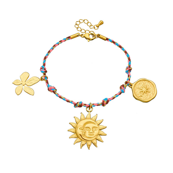 Stainless Steel Goldplated Flower Round Pendant Braided Rope Women's Bracelet With Electroplating