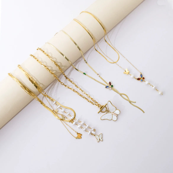 Stainless Steel Goldplated Gemstone Butterfly Multilayer Women's Necklace With Insect Pattern And Electroplating Treatment