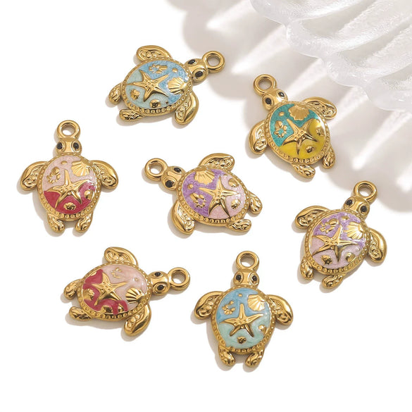 Stainless Steel Goldplated Handmade Turtle And Squareoval Pendant Jewelry Making Materials With Oil Dripping And Ocean Element Design