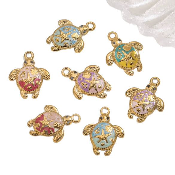 Stainless Steel Goldplated Handmade Turtle And Squareoval Pendant Jewelry Making Materials With Oil Dripping And Ocean Element Design