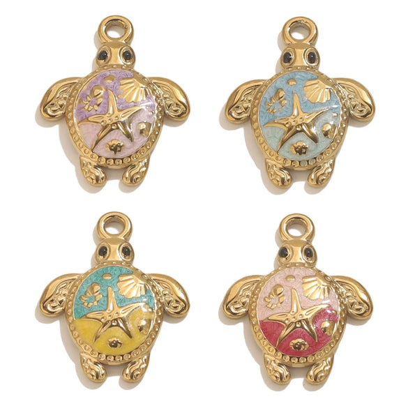 Stainless Steel Goldplated Handmade Turtle And Squareoval Pendant Jewelry Making Materials With Oil Dripping And Ocean Element Design