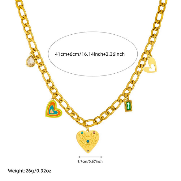 Stainless Steel Goldplated Heart Shape Pendant Side Chain Necklace With Drop Oil Design