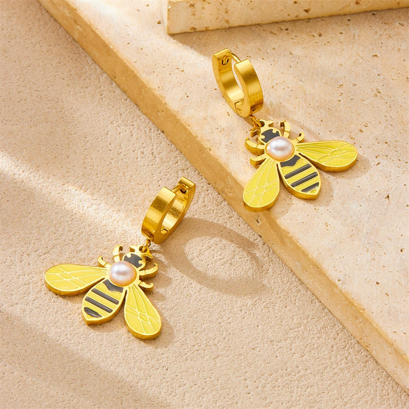Stainless Steel Goldplated Insect Pattern Imitation Pearl Inlaid Drop Earrings For Women
