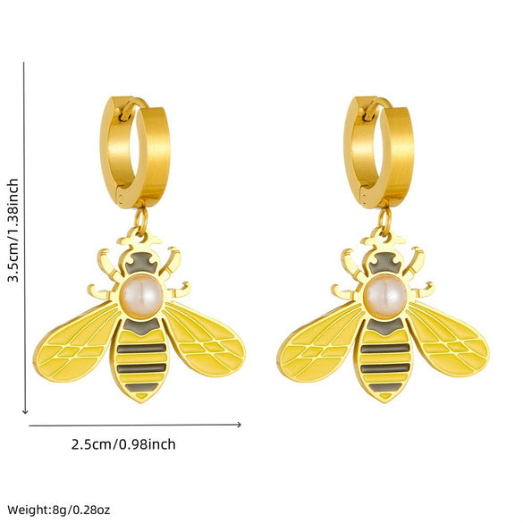 Stainless Steel Goldplated Insect Pattern Imitation Pearl Inlaid Drop Earrings For Women