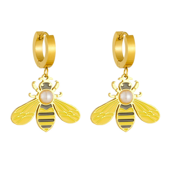 Stainless Steel Goldplated Insect Pattern Imitation Pearl Inlaid Drop Earrings For Women