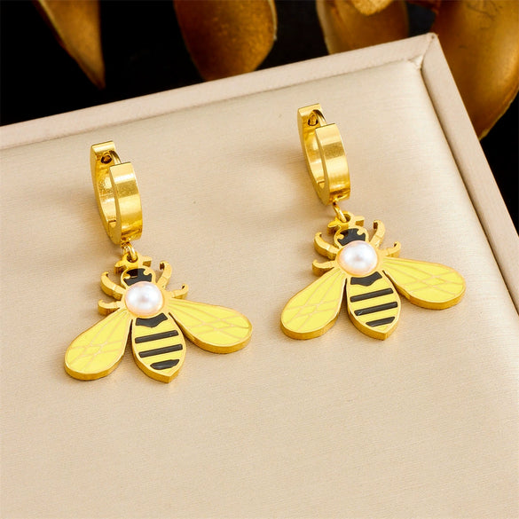 Stainless Steel Goldplated Insect Pattern Imitation Pearl Inlaid Drop Earrings For Women