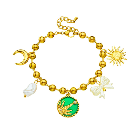 Stainless Steel Goldplated Oil Dripping Round Bow Pendant Bracelet
