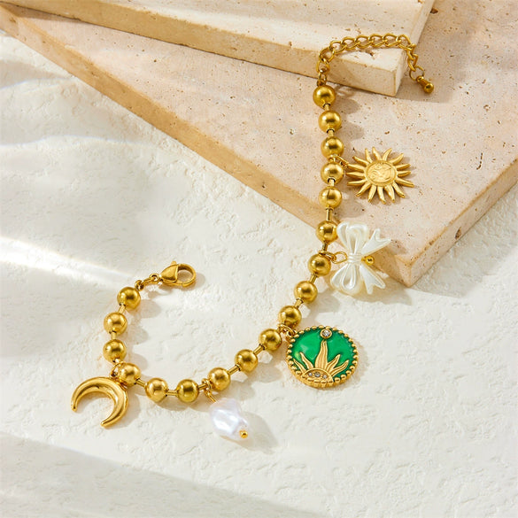 Stainless Steel Goldplated Oil Dripping Round Bow Pendant Bracelet