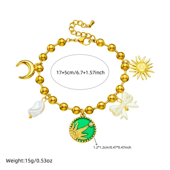 Stainless Steel Goldplated Oil Dripping Round Bow Pendant Bracelet