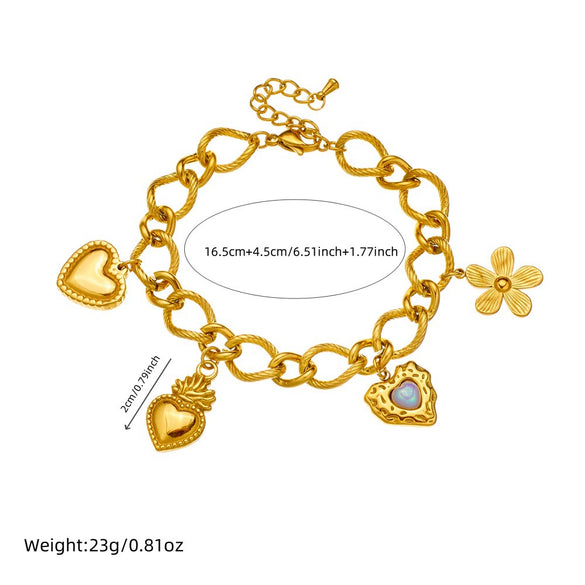 Stainless Steel Goldplated Oshaped Chain Flower And Heart Shape Jewelry Bracelet