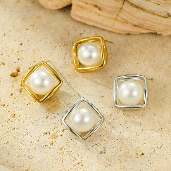 Stainless Steel Goldplated Square Geometric Minimalist Women's Earrings Inlaid With Pearls