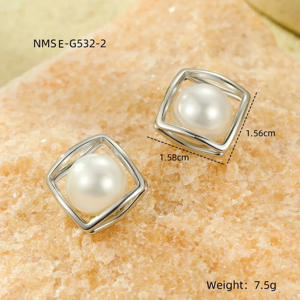 Stainless Steel Goldplated Square Geometric Minimalist Women's Earrings Inlaid With Pearls