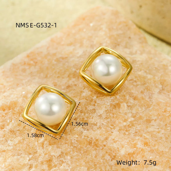 Stainless Steel Goldplated Square Geometric Minimalist Women's Earrings Inlaid With Pearls