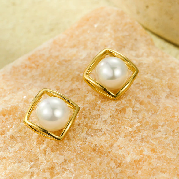 Stainless Steel Goldplated Square Geometric Minimalist Women's Earrings Inlaid With Pearls