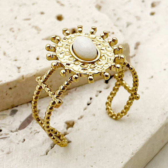 Stainless Steel Goldplated Sunflower Gem Inlay Geometric Design Women's Sweet Natural Fine Jewelry Ring