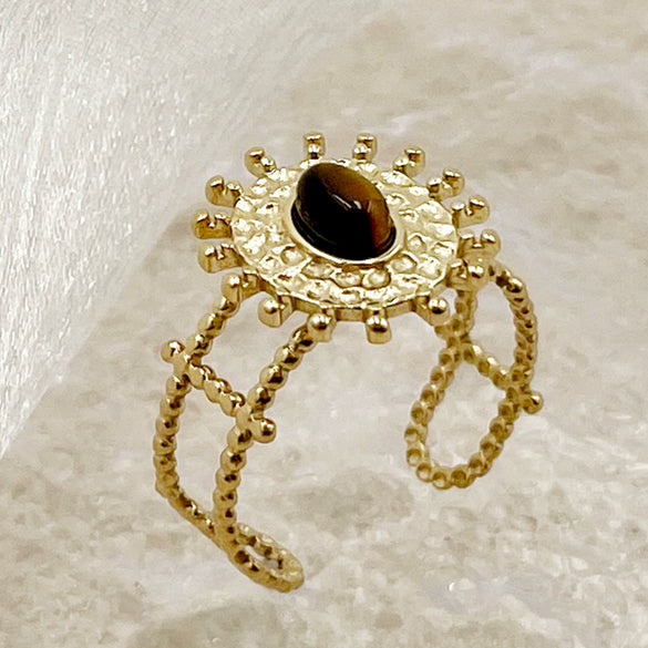 Stainless Steel Goldplated Sunflower Gem Inlay Geometric Design Women's Sweet Natural Fine Jewelry Ring