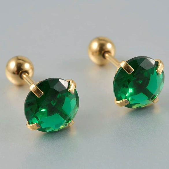 Stainless Steel Green Zircon Ear Studs And Ear Bone Nails With Gold Plating Geometric Style For Women