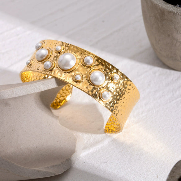 Stainless Steel Hammer Bead Open Bracelet Geometric Style Electroplated Jewelry