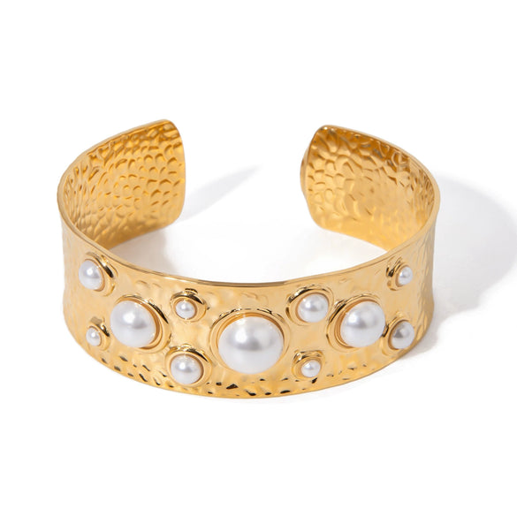 Stainless Steel Hammer Bead Open Bracelet Geometric Style Electroplated Jewelry