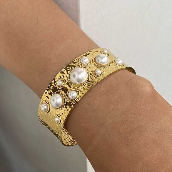 Stainless Steel Hammer Bead Open Bracelet Geometric Style Electroplated Jewelry