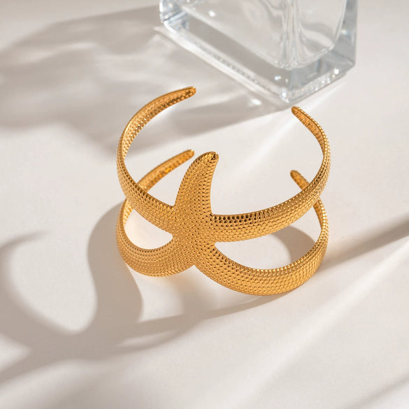 Stainless Steel Hammer Pattern Starfish Open Bracelet Electroplating Jewelry