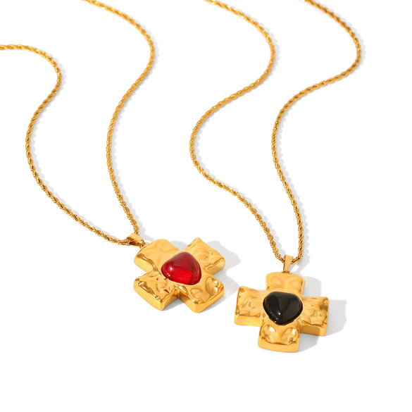 Stainless Steel Hammered Cross Pendant Necklace With Natural Stone Inlay Geometric Pattern Electroplated For Women