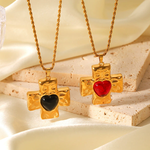 Stainless Steel Hammered Cross Pendant Necklace With Natural Stone Inlay Geometric Pattern Electroplated For Women
