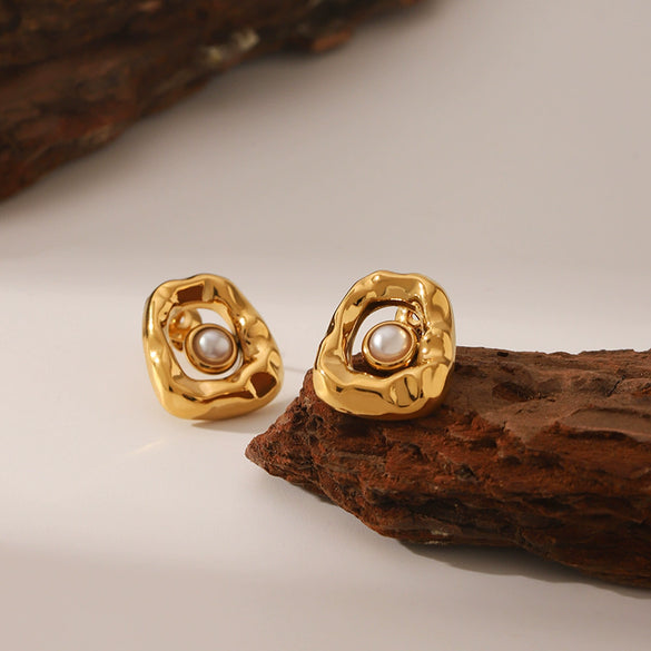 Stainless Steel Hammered Geometric Earrings With Pearls Volcanic Lava Pattern Vacuum Plated For Women