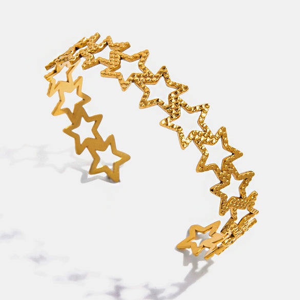 Stainless Steel Hammered Geometric Pattern Hollow Fivepointed Star Open Bracelet Jewelry For Women Electroplated