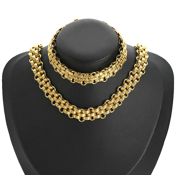 Stainless Steel Handmade Braided Thick Chain Necklace And Exaggerated Bracelet With 18K Electroplating