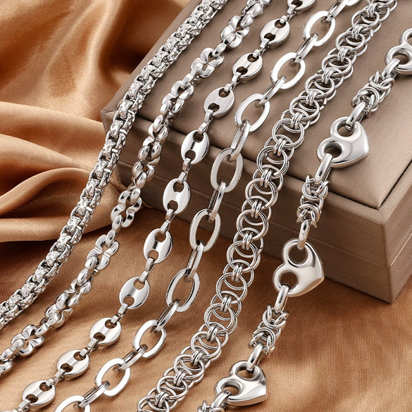 Stainless Steel Handmade Coffee Bean Keel Heart Oval Chain Necklace Bracelet With Electrolytic Brightening