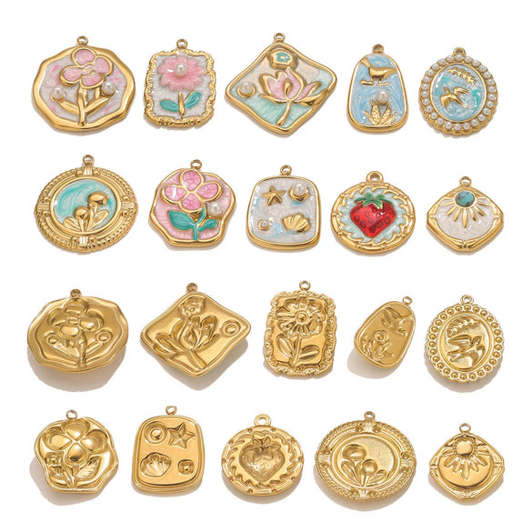 Stainless Steel Handmade Garden Oil Painting Round Wind Pendant Necklace And Bracelet Accessories With Electroplating