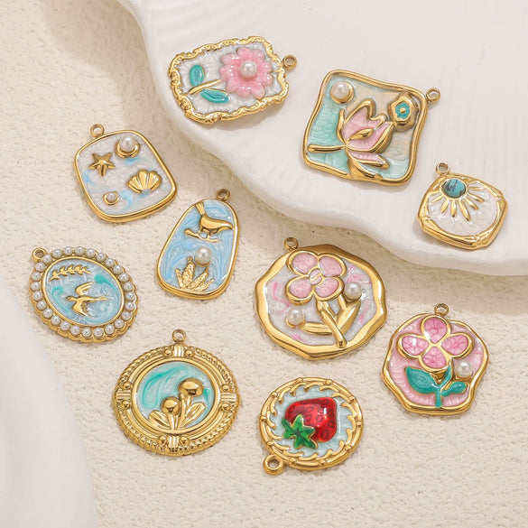 Stainless Steel Handmade Garden Oil Painting Round Wind Pendant Necklace And Bracelet Accessories With Electroplating
