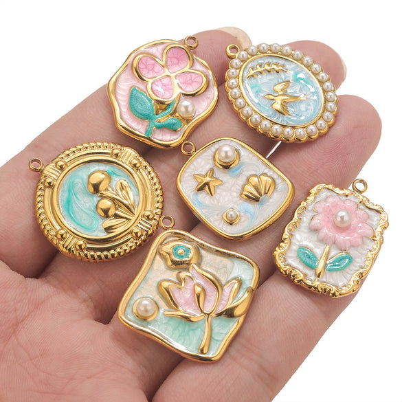 Stainless Steel Handmade Garden Oil Painting Round Wind Pendant Necklace And Bracelet Accessories With Electroplating