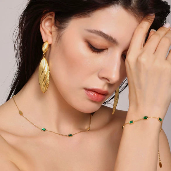 316L Stainless Steel Handmade Inlaid Emerald Zircon Necklace And Bracelet Light Luxury Electroplated For Women