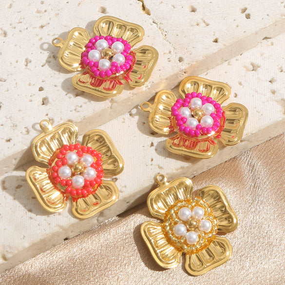 Stainless Steel Handmade Woven Flower Pearl Pendant Jewelry Accessories Earrings With Electroplating