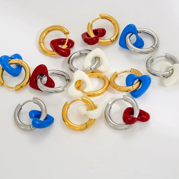 Stainless Steel Handpainted Enamel Heart And U Shape Electroplated Gold Women's Earrings