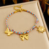 Stainless Steel Handwoven Color Rope Goldplated Bow Sun Pendant Women's Jewelry Bracelet
