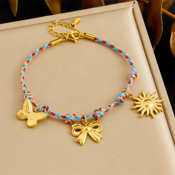 Stainless Steel Handwoven Color Rope Goldplated Bow Sun Pendant Women's Jewelry Bracelet