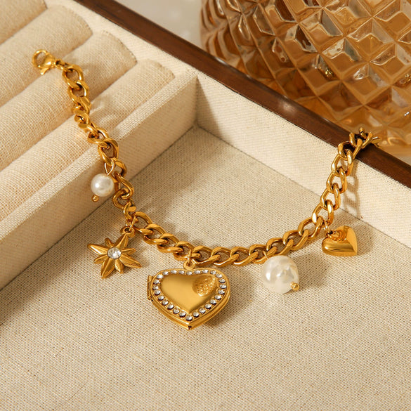 Stainless Steel Heart And Eightpointed Star Pendant Bracelet With Electroplating Ins Style