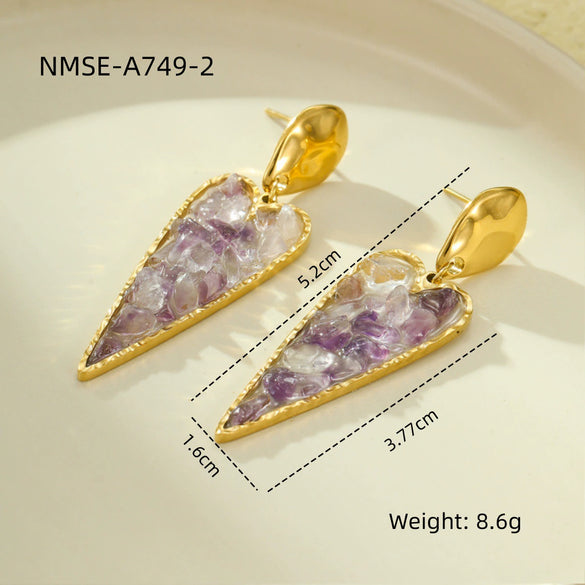 Stainless Steel Heart Geometric Pendant Earrings With Natural Stone Electroplated For Women