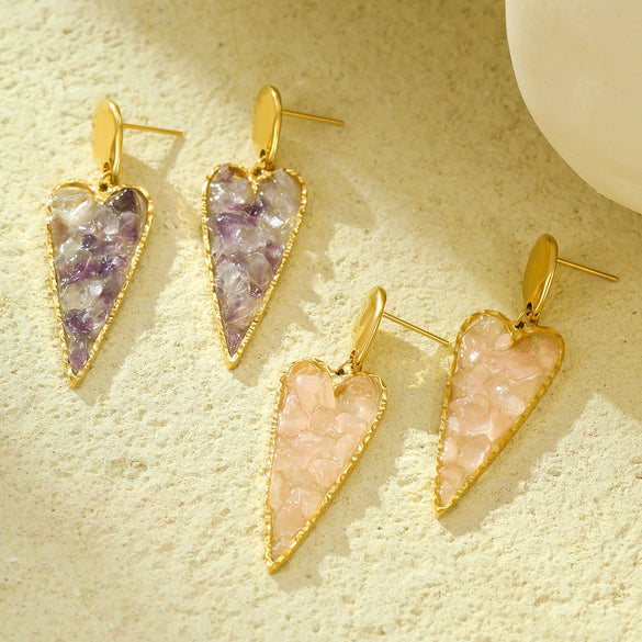 Stainless Steel Heart Geometric Pendant Earrings With Natural Stone Electroplated For Women