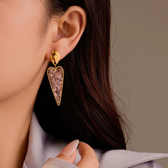 Stainless Steel Heart Geometric Pendant Earrings With Natural Stone Electroplated For Women