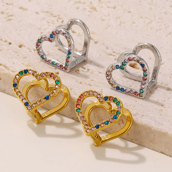 Stainless Steel Heart Geometric Zircon Handinlaid Electroplated Earrings For Women