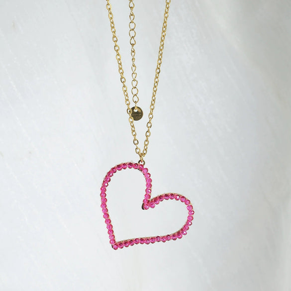 Stainless Steel Heart Pendant Necklace With Colorful Diamond Electroplating Fashion Style