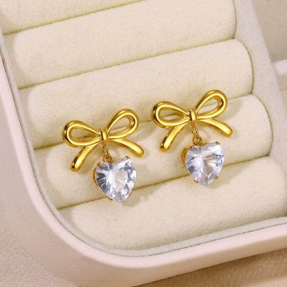 Stainless Steel Heart Shape And Bow Pattern Electroplating Women's Earrings